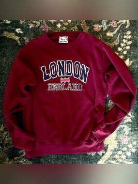 Zone One Burgundy Travel London England Embroidered Graphic Crew Sweatshirt